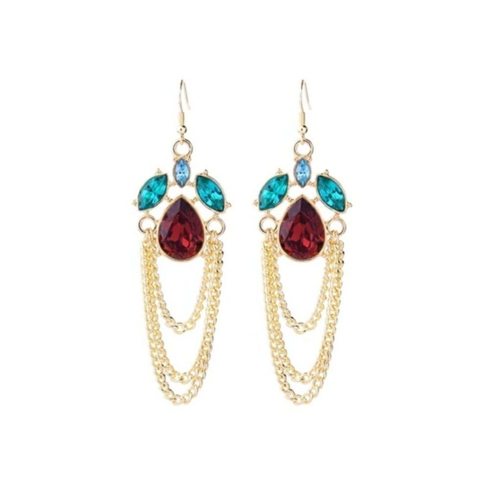 Red Green Crystal Floral Leaf Chain Gold Hook Dangle Statement Earrings